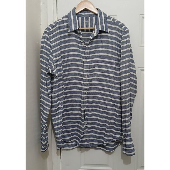 J crew Baird mcnutt mens large 100% Irish linen longsleeve stripe shirt blue - Picture 2 of 6